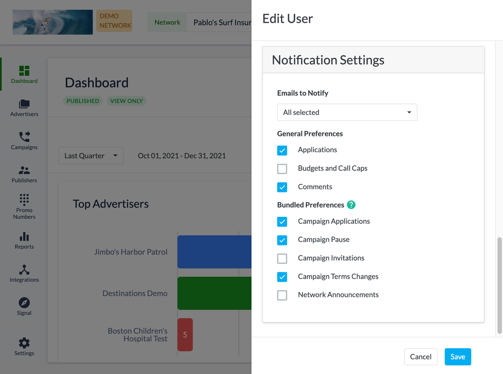Performance marketing email notifications